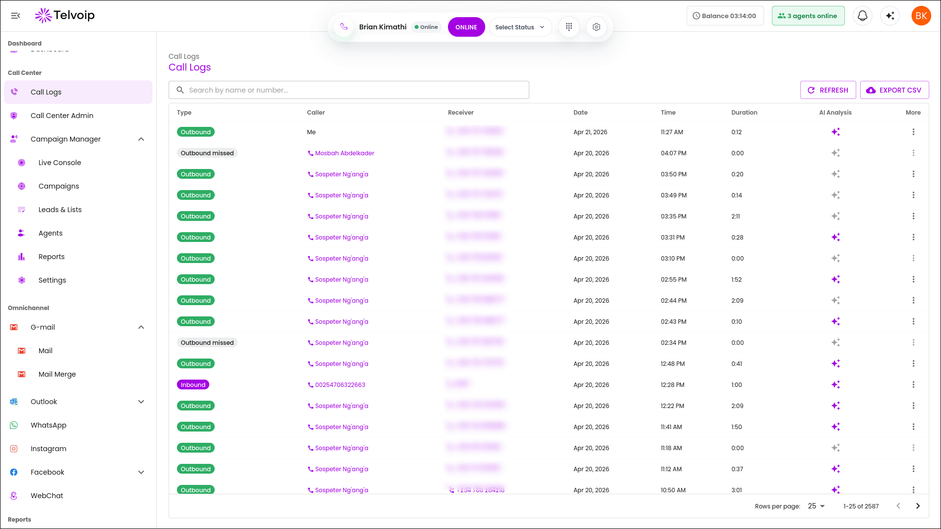 Call log search improvements with faster filtering